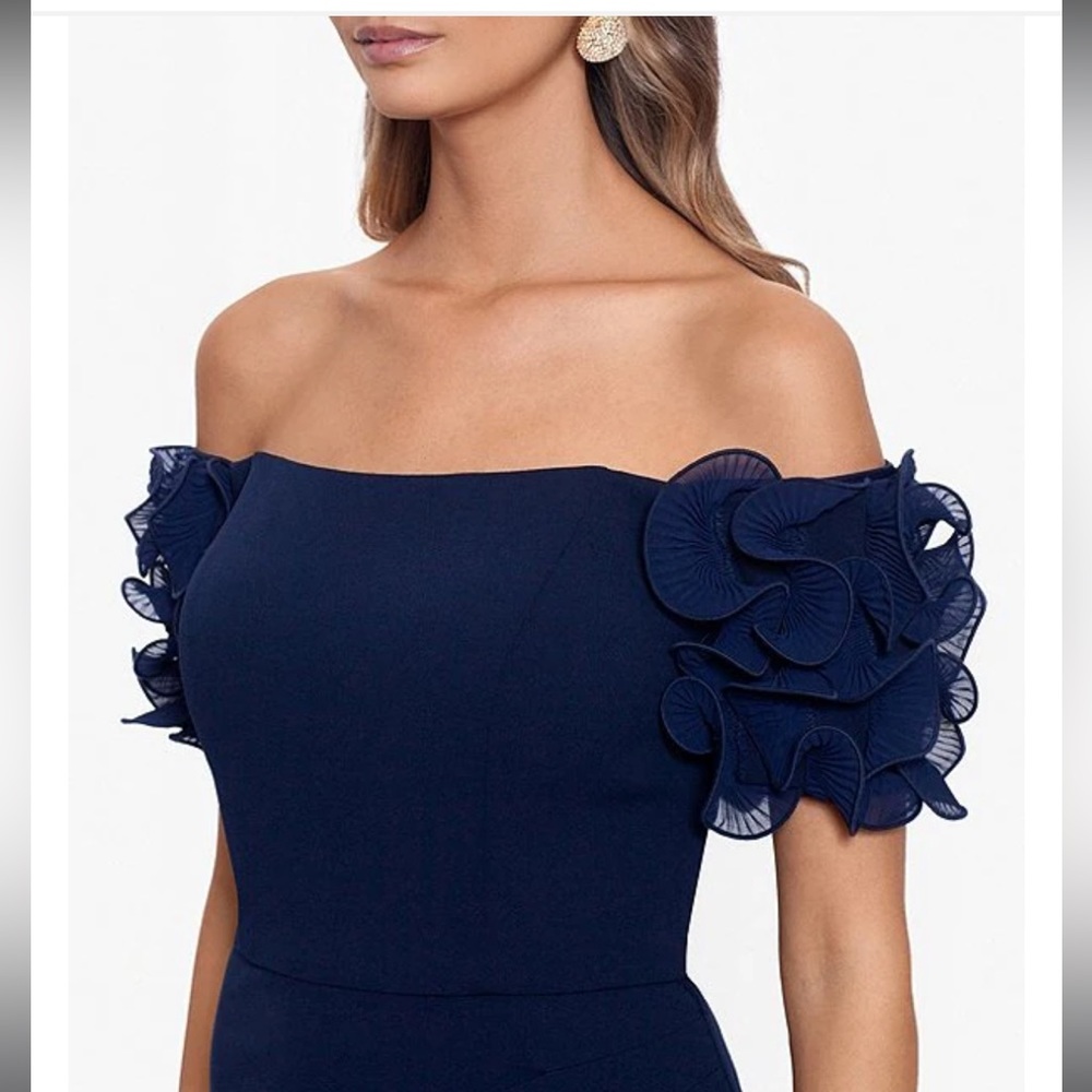 Xscape Navy Blue Rosette Off-the-Shoulder Short Sleeve Ruffle Ruched Wai…